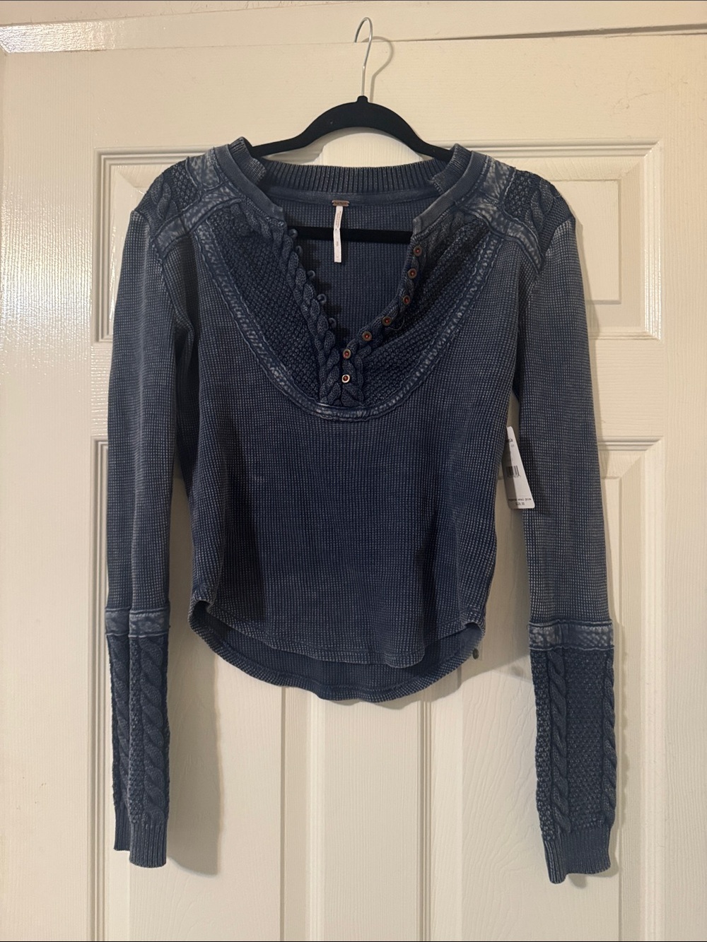 Free People Indigo Waffle-Knit Henley with Cable Sleeves